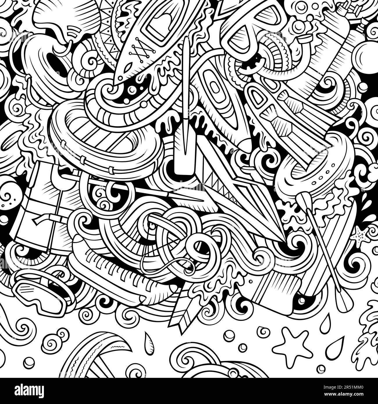 Water Sports Vector Doodles frame. Attività estive design di confine. Elementi esterni e oggetti di stagione calda sfondo cartone animato. Illustrazione Vettoriale