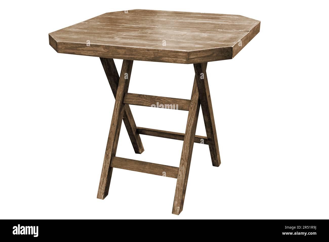 Tavolo pieghevole vintage woodenl isolato su sfondo bianco, percorso di ritaglio del lavoro. Foto Stock