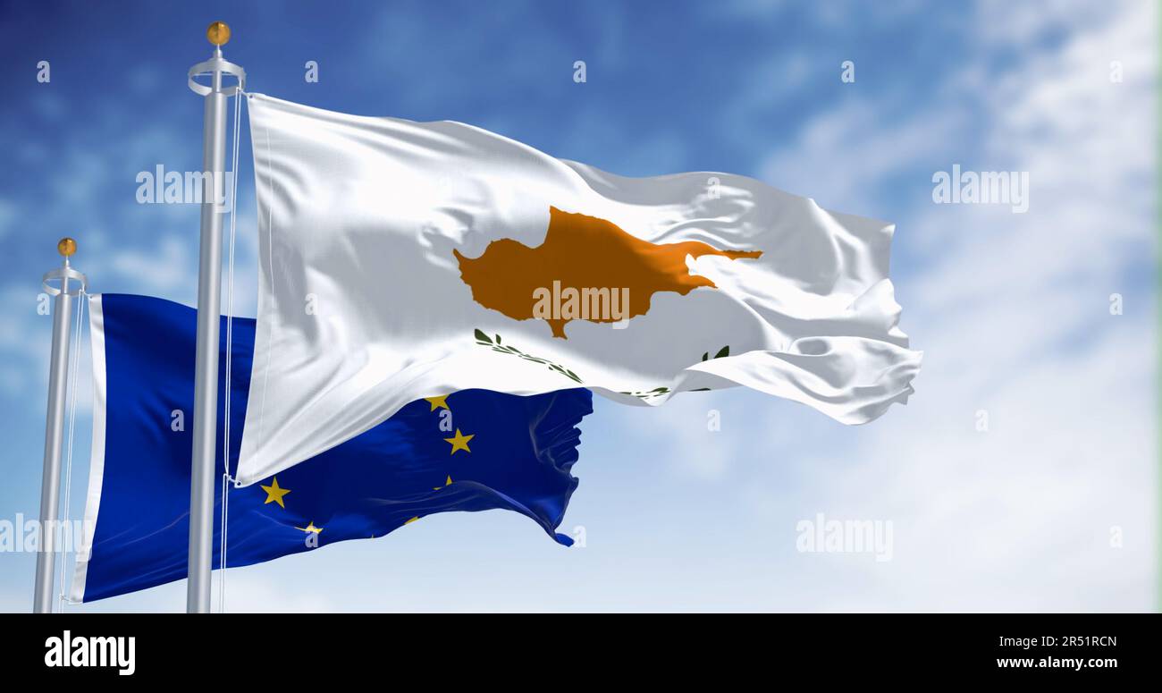 La bandiera cipriota sventola serenamente con la bandiera dell'Unione europea. Unità simbolica e orgoglio. Perfetto per l'identità nazionale, la cooperazione europea. illustrazione 3d Foto Stock