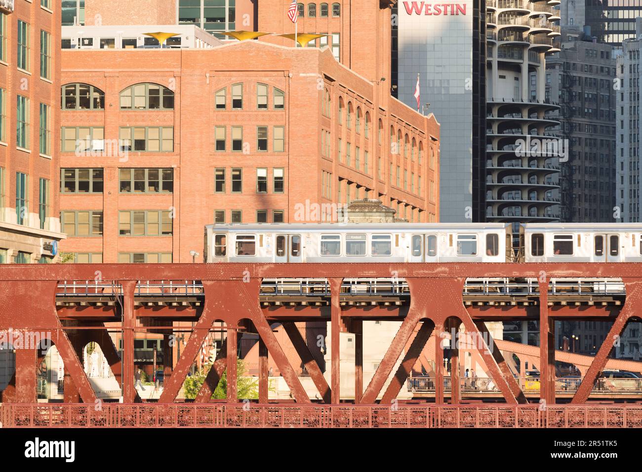 Chicago, Illinois, Chicago, treno CTA (Chicago Transport Association Train) che attraversa il ponte di Wells Street. Foto Stock