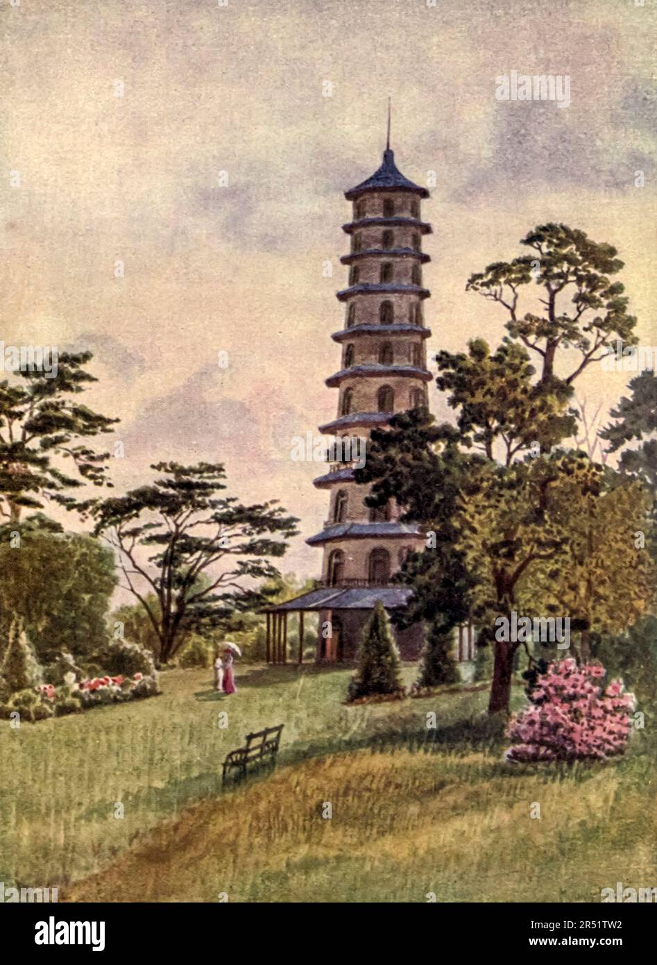 La Pagoda dipinta da T. Mower Martin (Thomas Mower Martin) dal libro ' Kew Gardens ' di Ascott Robert Hope Moncrieff pubblicato a Londra da Adam e Charles Black nel 1908 Foto Stock