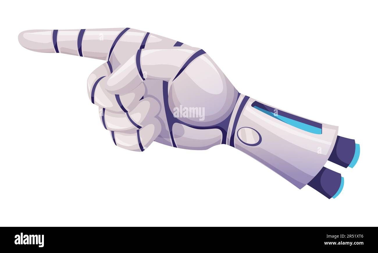 Design futuristico del braccio meccanico robotizzato. Mano di puntamento vettoriale, organismo cibernetico con tecnologia di intelligenza artificiale che lavora con la WO virtuale Illustrazione Vettoriale
