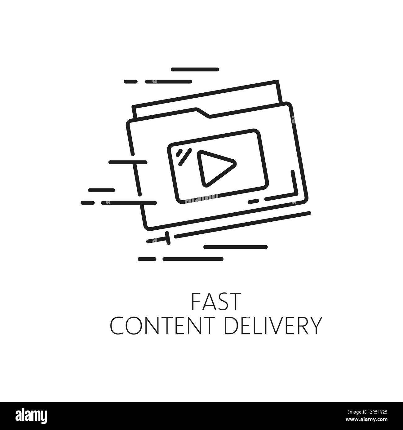 Distribuzione rapida dei contenuti. CDN. Icona di rete per la distribuzione dei contenuti, caricamento e aggiornamento dei file multimediali, icona vettoriale lineare CDN o pittogramma con mov veloce Illustrazione Vettoriale