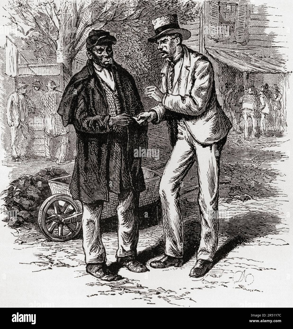 Un 'Readjolor' che cajoling un elettore afro-americano. Per citare Wikipedia: 'Il Partito Reregolatore era un partito politico bi-razziale a livello statale formato in Virginia alla fine degli anni '1870s. I Readegers aspirarono 'a rompere il potere della ricchezza e del privilegio stabilito' tra l'élite piantatrice degli uomini bianchi nello stato e a promuovere l'istruzione pubblica. Il programma del partito ha attratto il sostegno sia tra i bianchi che afroamericani 'dall'America rivisitata: Dalla baia di New York al Golfo del Messico, pubblicato 1886. Foto Stock