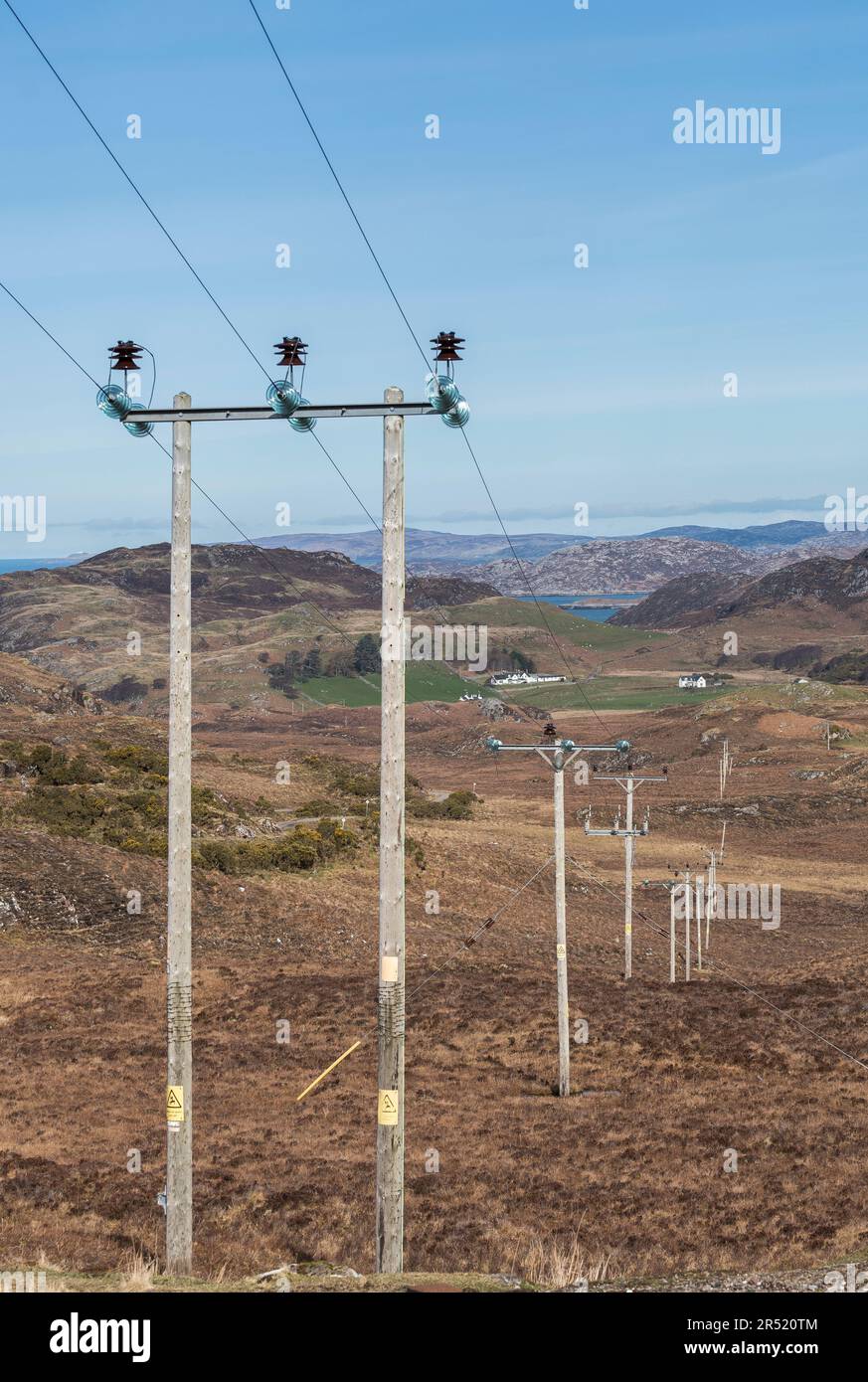 Linea di distribuzione dell'elettricità a media tensione e poli che trasportano energia in aree remote nelle Highlands nord-occidentali della Scozia. Foto Stock
