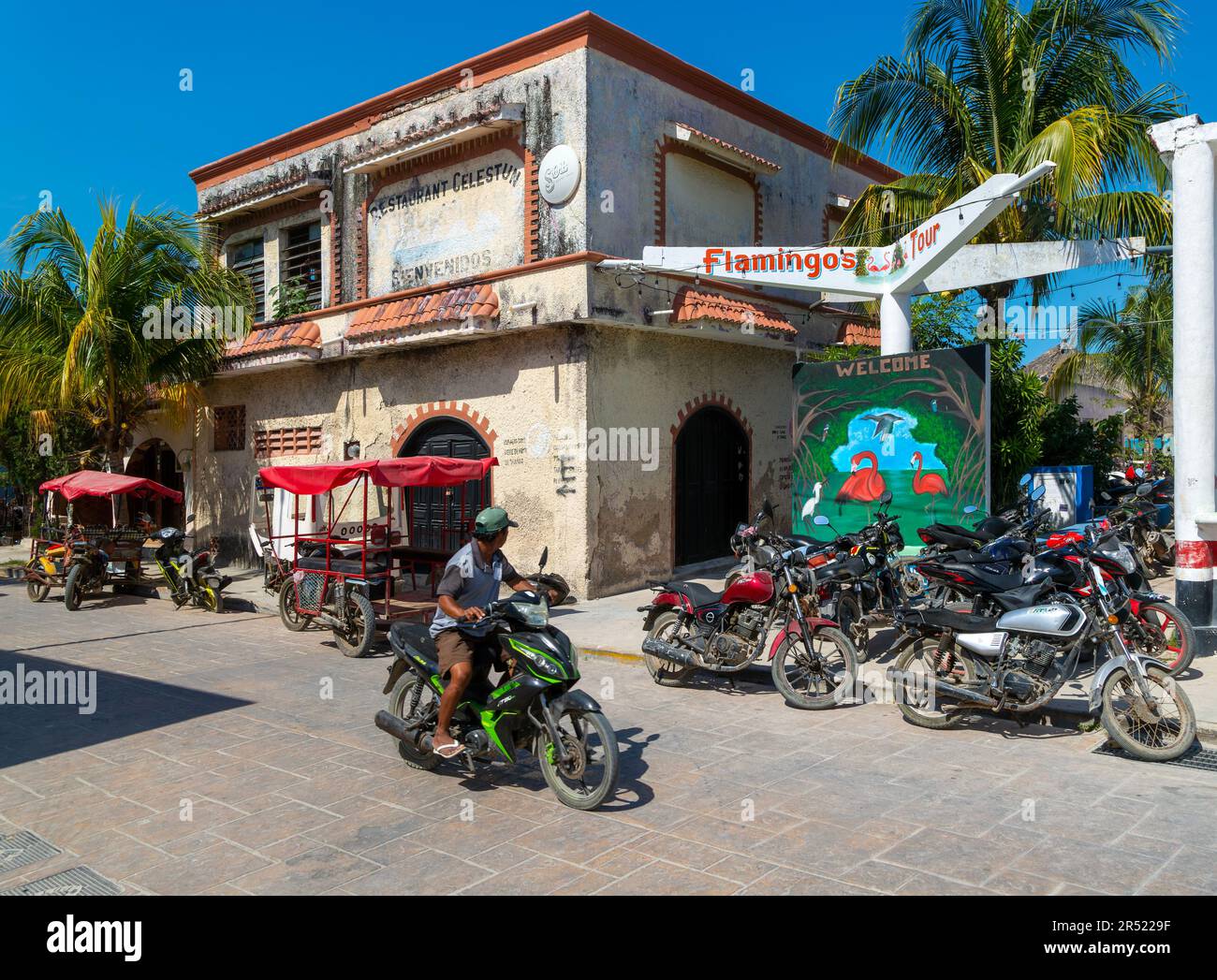 Street scene con veicoli motociclistici al centro del piccolo insediamento di Celestun, Yucatan, Messico Foto Stock