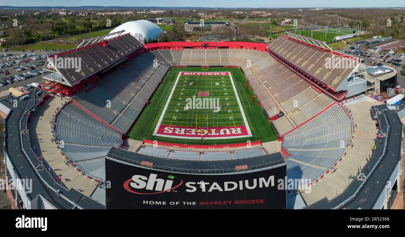 Rutgers NJ Football Stadium - veduta aerea dello stadio di calcio della Rutgers University, sede della squadra di calcio Scarlet Knights a Piscataway, New JE Foto Stock