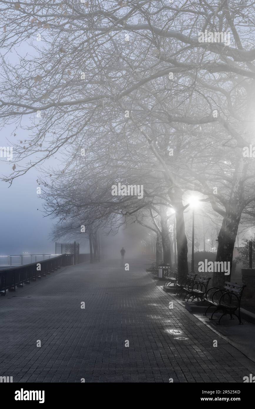 Passeggiata sul lungofiume del fiume Hudson - un'occhiata pudosa durante una nebbia fitta con un pareggiatore che corre lungo il parco sul lungomare del fiume Hudson. Anche questa immagine è Foto Stock
