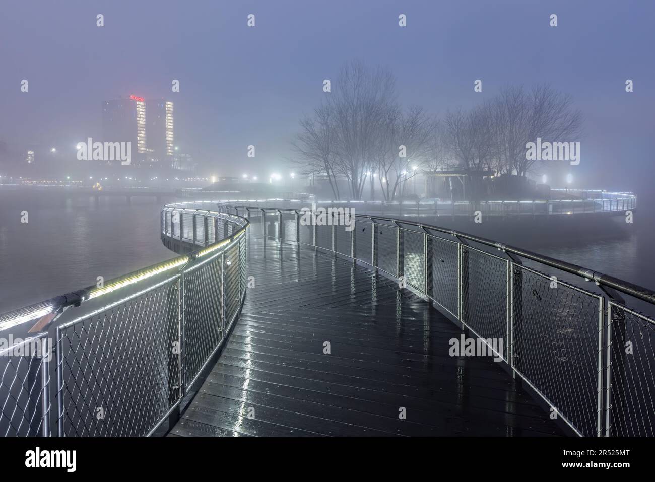 Molo C Hoboken NJ - Vista dell'Istituto Stevens illuminato di Hoboken, New Jersey. Il molo C illuminato durante una nebbia pesante sul fiume Hudson ob Foto Stock