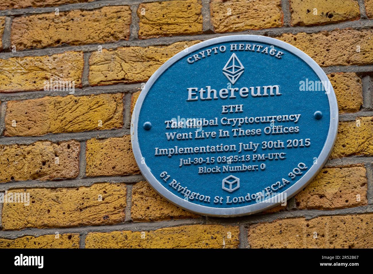 Targa blu che commemora il lancio della criptovaluta Ethereum a Rivington st, Hoxton Foto Stock