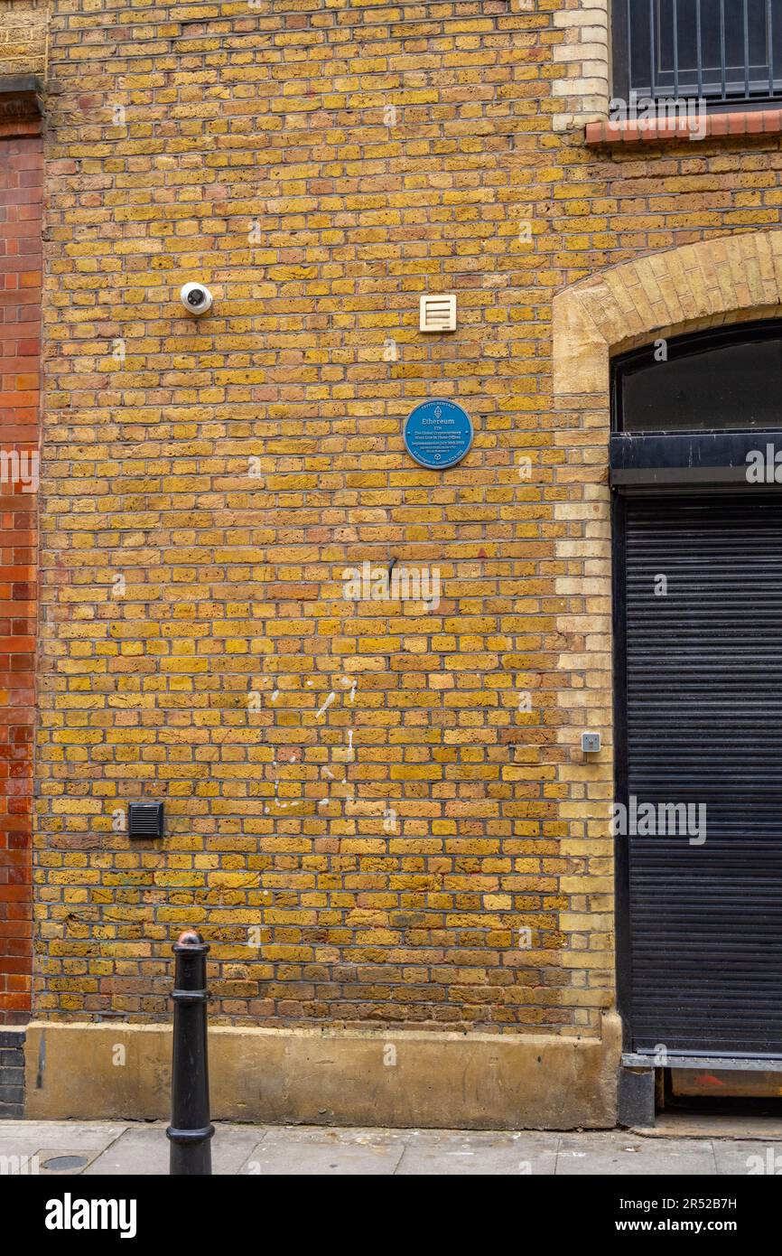 Targa blu che commemora il lancio della criptovaluta Ethereum a Rivington st, Hoxton Foto Stock