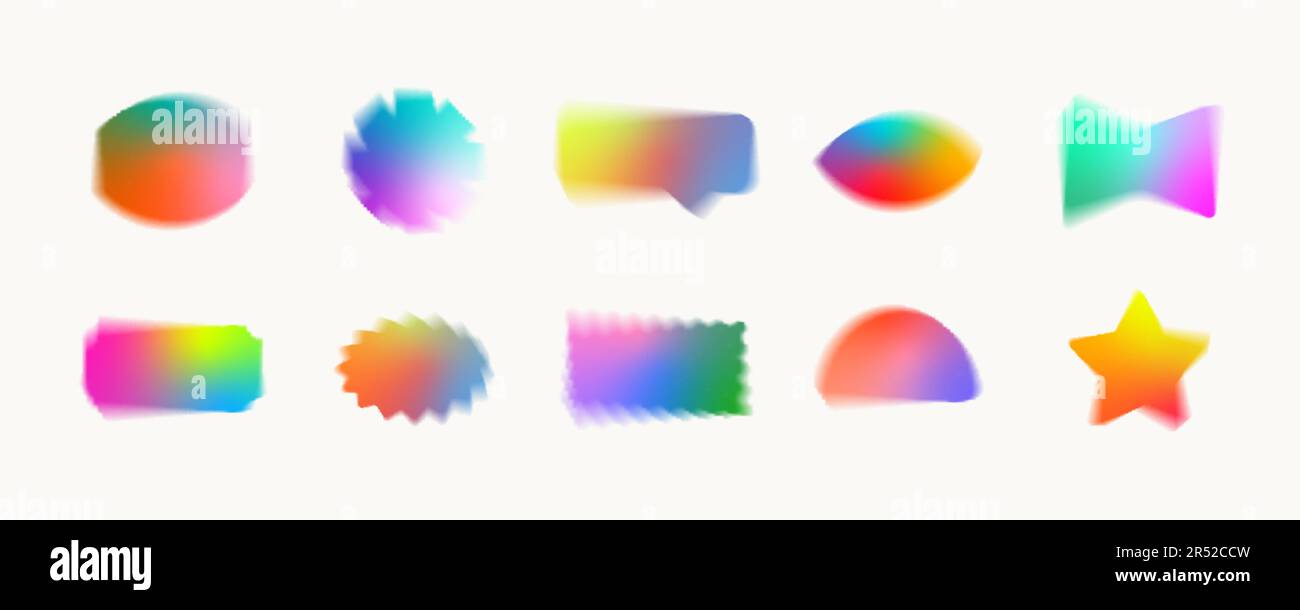Forme sfocate con effetto brutalismo aura Y2K. Collezione colorata e contemporanea di elementi olografici in sfumatura decorativa. Trendy in difficoltà Illustrazione Vettoriale