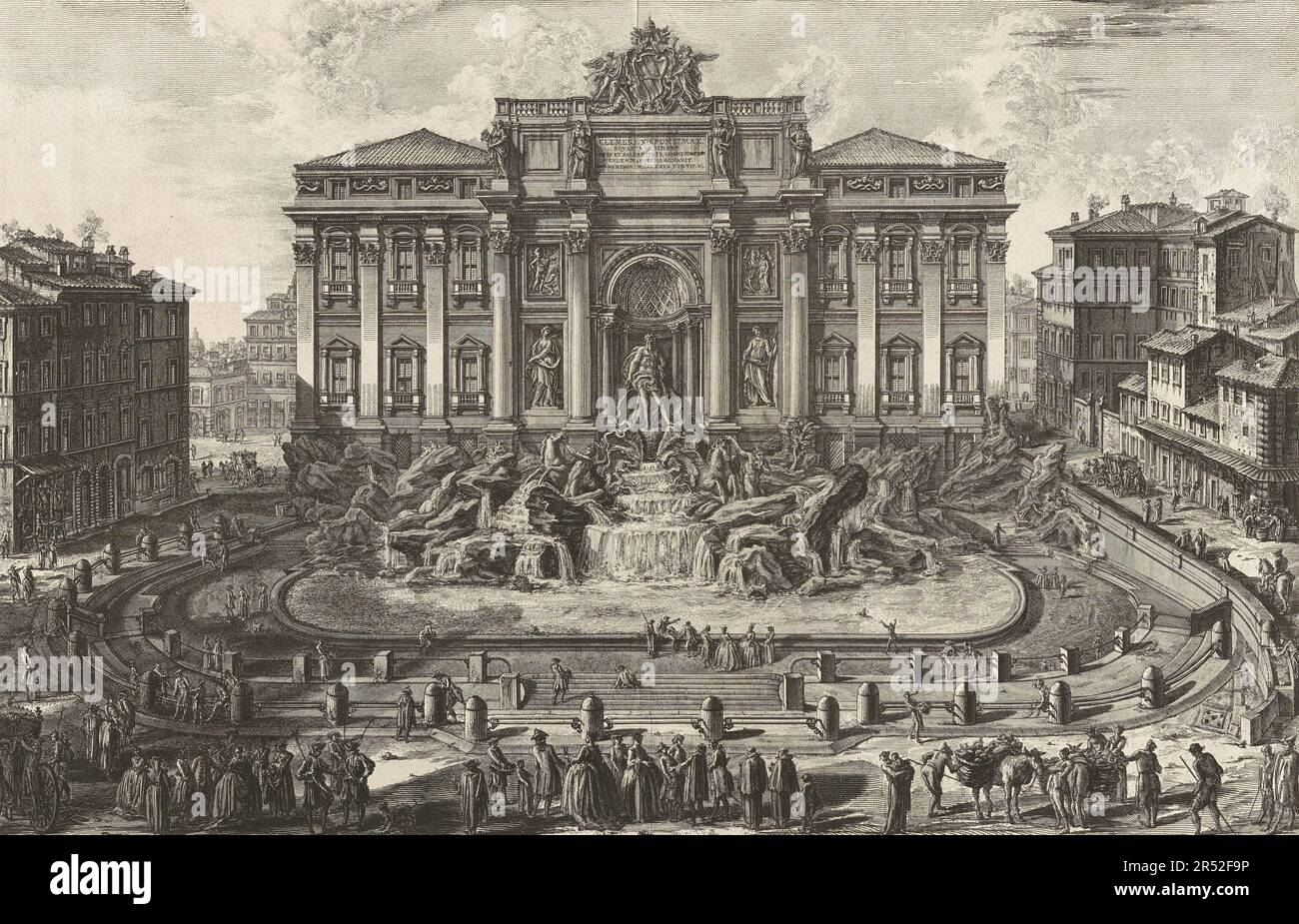 Antikes Rom, perspektivische Ansicht des Großen Brunnen der Jungfrau Maria, bekannt als Trevi-Brunnen, Architektur von Nicola Salvi, 1770, Italien, Historisch, restaurierte digitale Reproduktion von einer Vorlage aus der damaligen Zeit / Antica Roma, vista prospettica della grande fontana della Vergine Maria, conosciuta come Fontana di Trevi Architettura di Nicola Salvi, 1770, Italia, riproduzione storica, restaurata digitalmente da un originale del periodo. Foto Stock