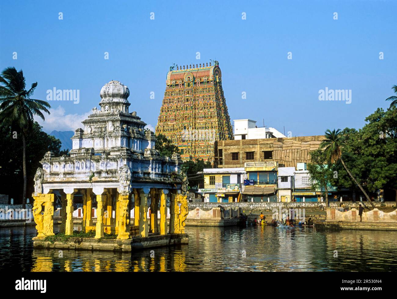 Kasi Viswanathar, Tempio di Siva con serbatoio a Tenkasi vicino Courtalam Kutralam Kuttalam, Tamil Nadu, India del Sud, India, Asia Foto Stock