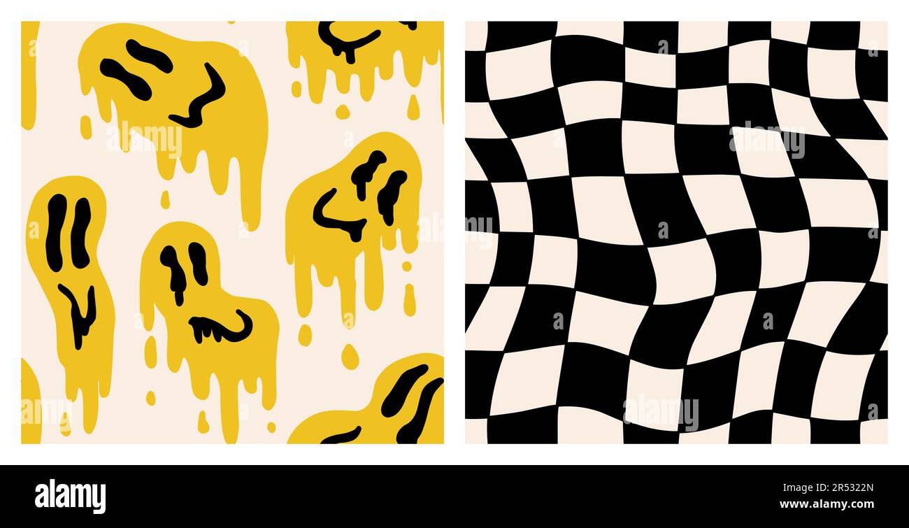 1970 pacchetto di modelli Fluid Smile e Trippy Grid nei colori giallo, nero e bianco. Stile anni Settanta, Trippy Psychedelic Print, Wallpaper. Design piatto, Hippie estetica. Illustrazione vettoriale disegnata a mano. Illustrazione Vettoriale