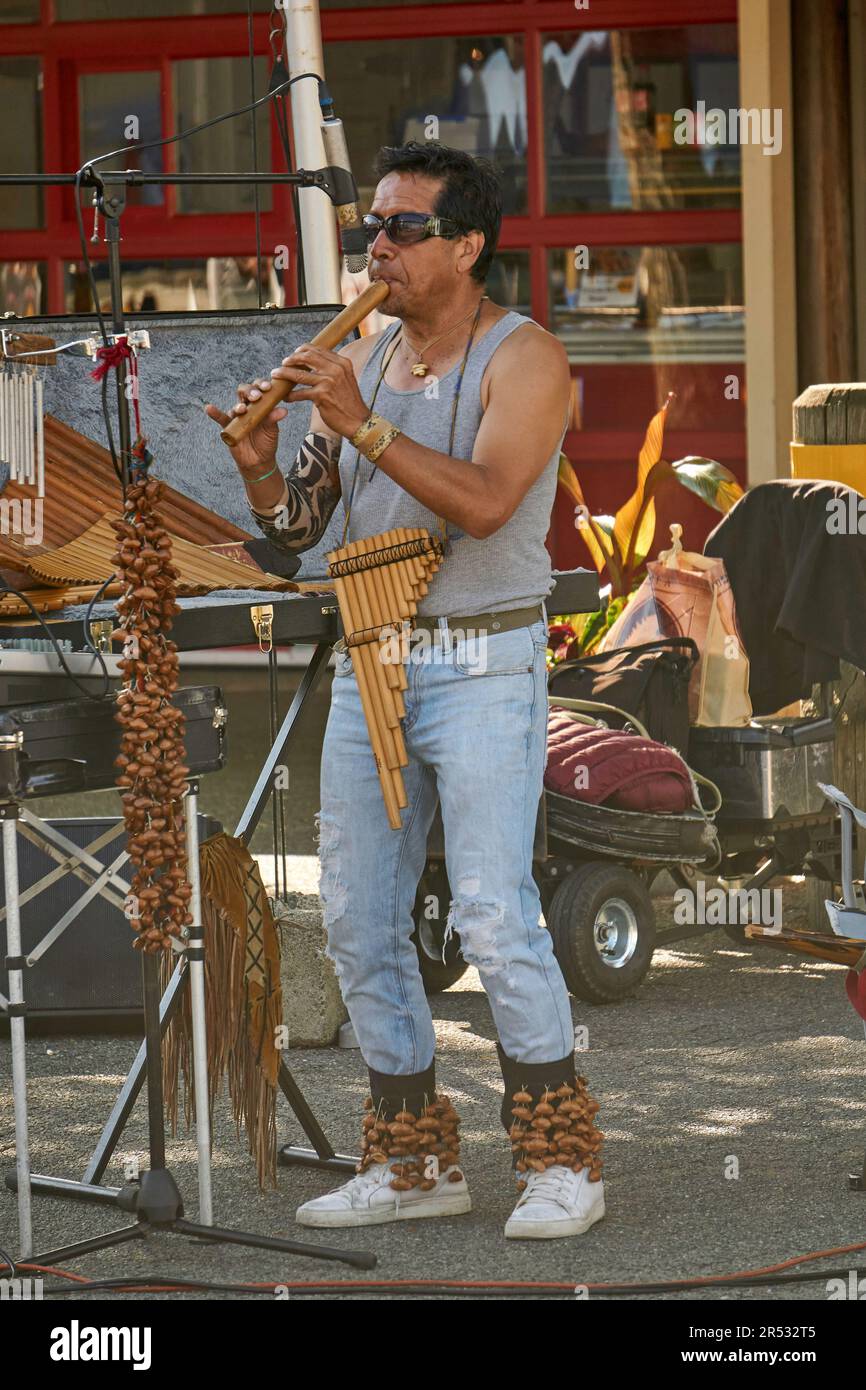 Primo piano di un uomo ispanico che gioca il flauto di legno sudamericano o Quena, Granville Island Market, Vancouver, BC Foto Stock