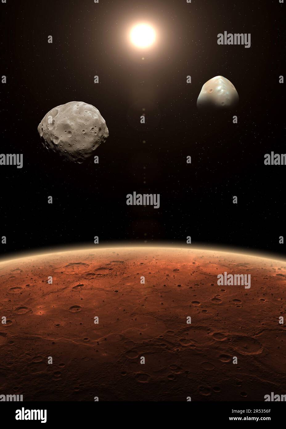 Marte e i suoi due satelliti naturali Deimos e Phobos. Marte è un pianeta rosso del sistema solare. Marte, Phobos e Deimos. Elementi forniti dalla NASA. Foto Stock