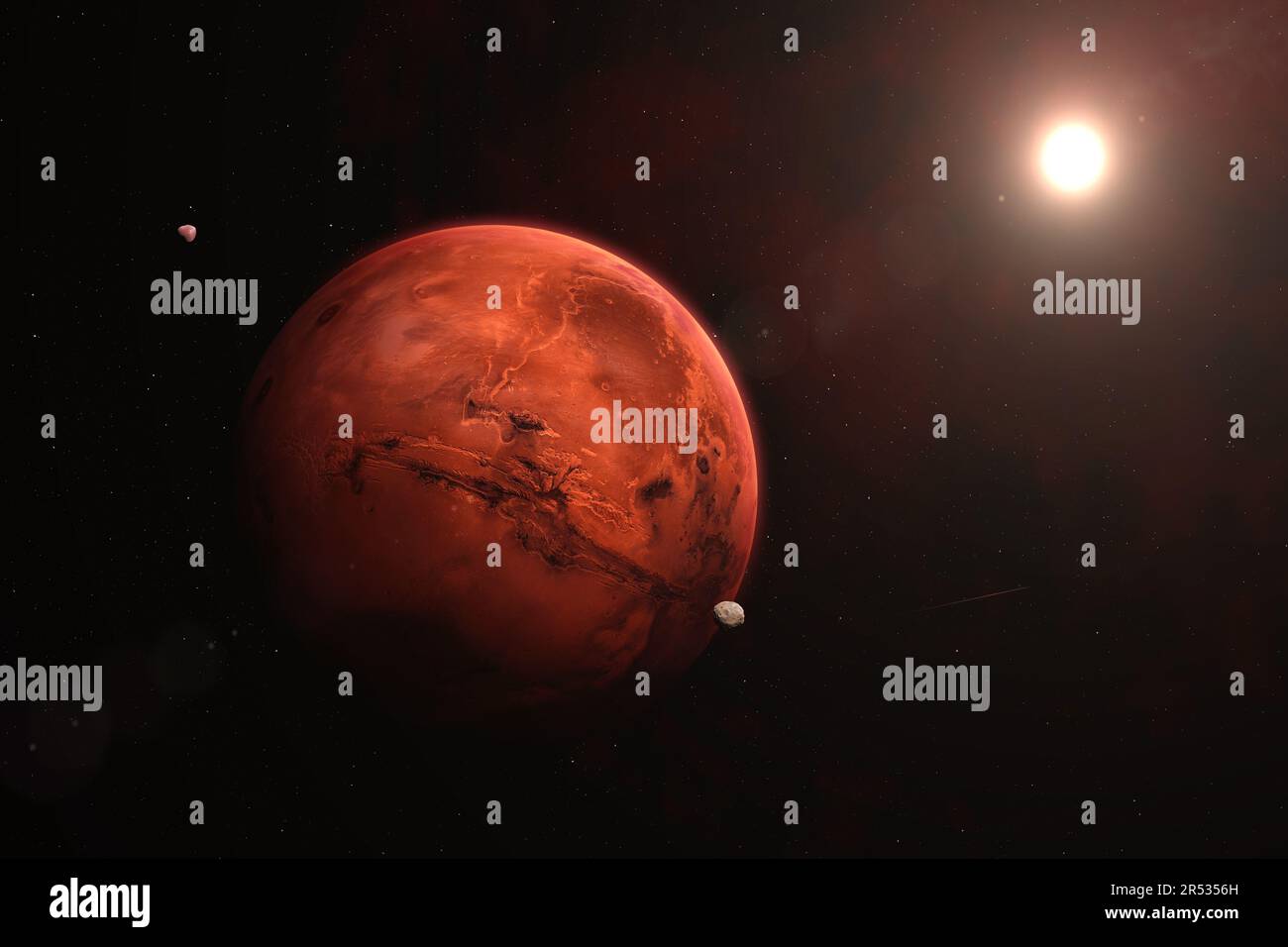 Bellissimo pianeta Marte visto dallo spazio. Vista spaziale di Marte, Phobos, Deimos e Sole. Immagine ad alta risoluzione. Elementi forniti dalla NASA. Foto Stock