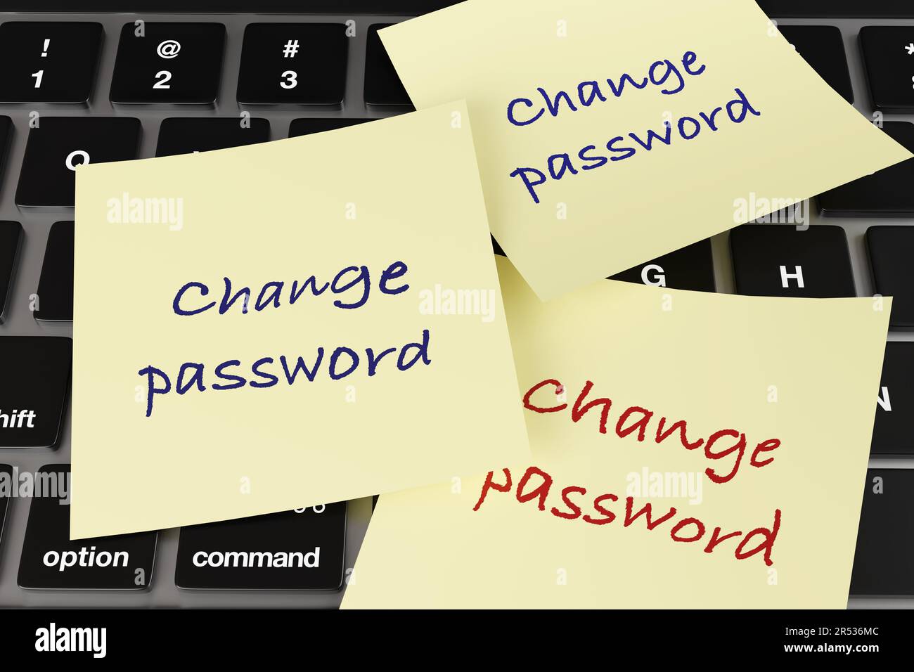 Tre note adesive per ufficio gialle scritte con la password di modifica della richiesta attaccata alla tastiera di un laptop. Buona pratica per migliorare la sicurezza online Foto Stock