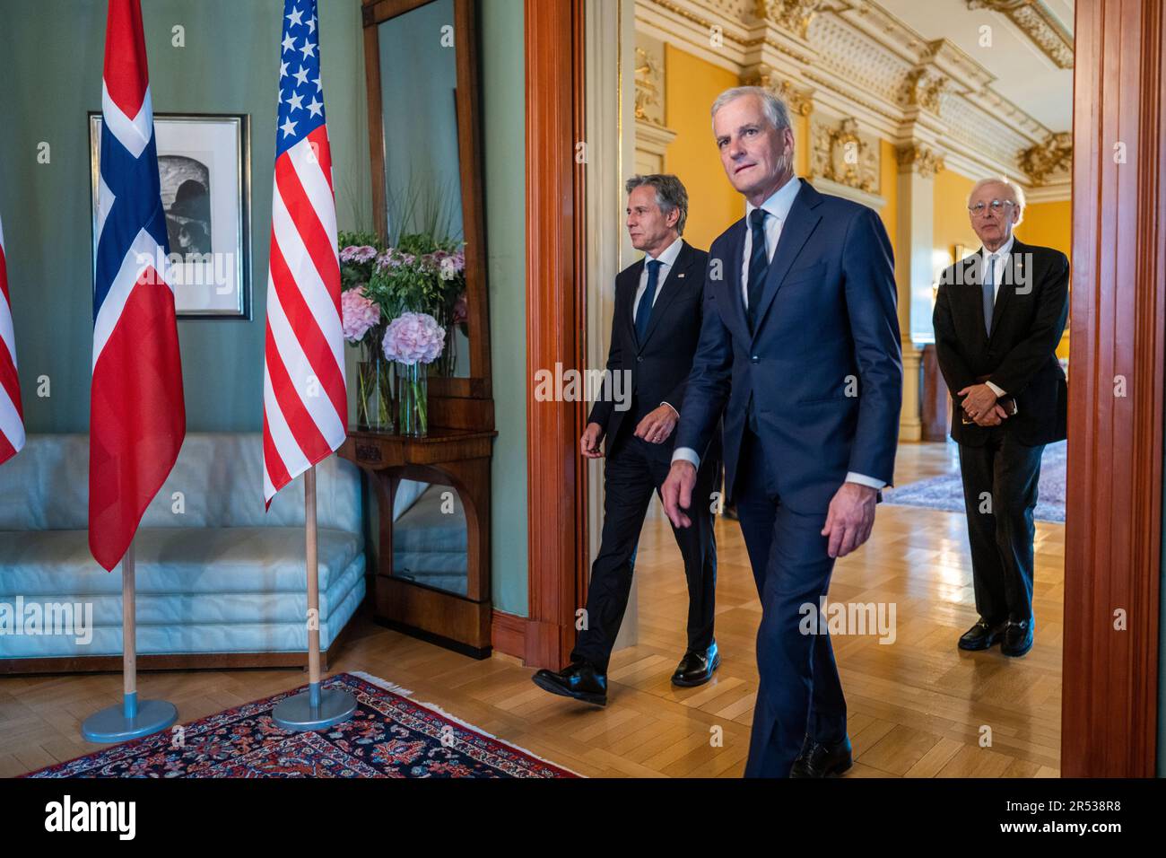 Oslo 20230531.il ministro degli Esteri degli Stati Uniti Antony Blinken incontra mercoledì il primo ministro Jonas Gahr Store nella residenza dei rappresentanti del governo ad Oslo, in occasione della riunione dei ministri degli Esteri della NATO che si tiene mercoledì e giovedì. Foto: Heiko Junge / NTB Foto Stock