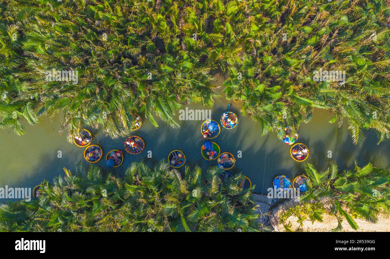 Vista aerea di un tour in barca con paniere nel villaggio di cocco. Palms foresta in Hoi An, Cam Thanh, Vietnam. Turisti che hanno un'escursione e divertimento nel fiume Thu Bon Foto Stock