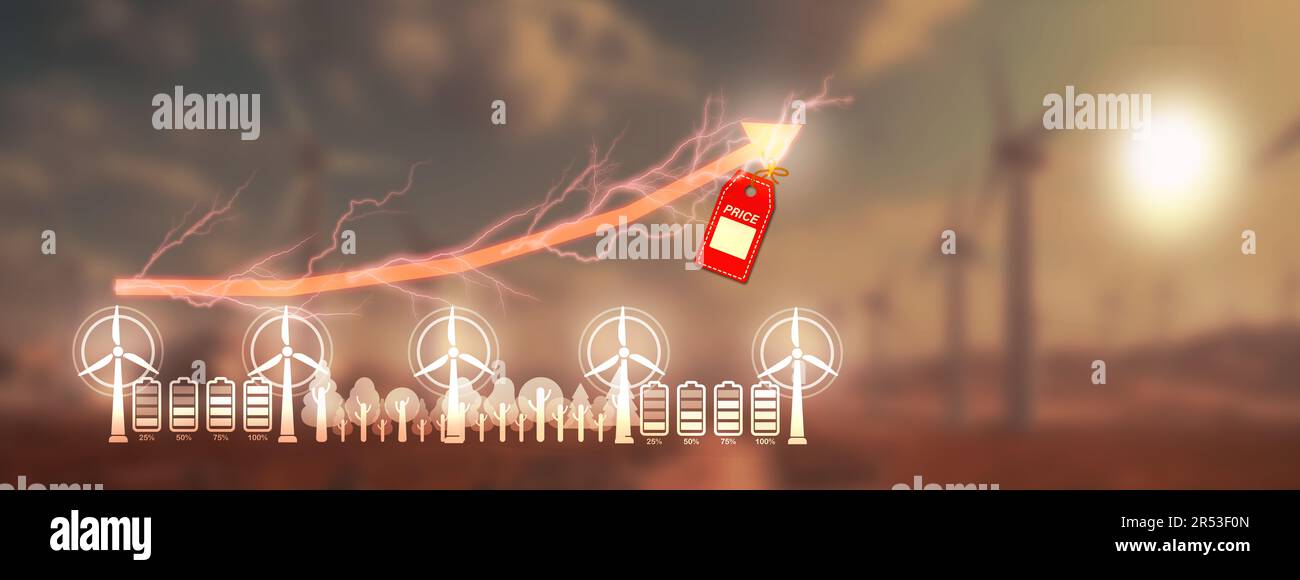 Concetto di crisi dei prezzi dell'energia. Il grafico dei prezzi globali dell'energia aumenta con l'etichetta dei costi sospesi sullo sfondo delle turbine eoliche. Foto Stock