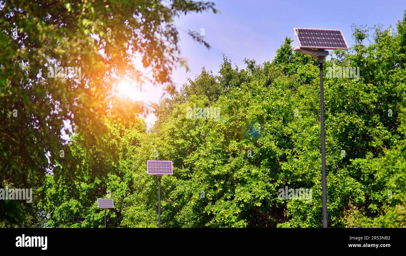 Luce stradale alimentata da pannello solare con batteria inclusa. Energia alternativa dal sole. Foto Stock