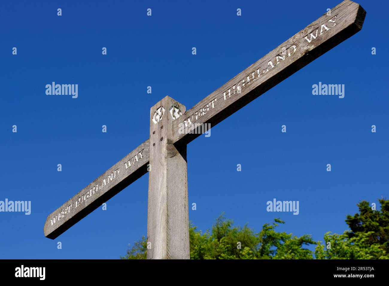 Cartello con la scritta Fingerpost per West Highland Way, Tyndrum, Scozia Foto Stock