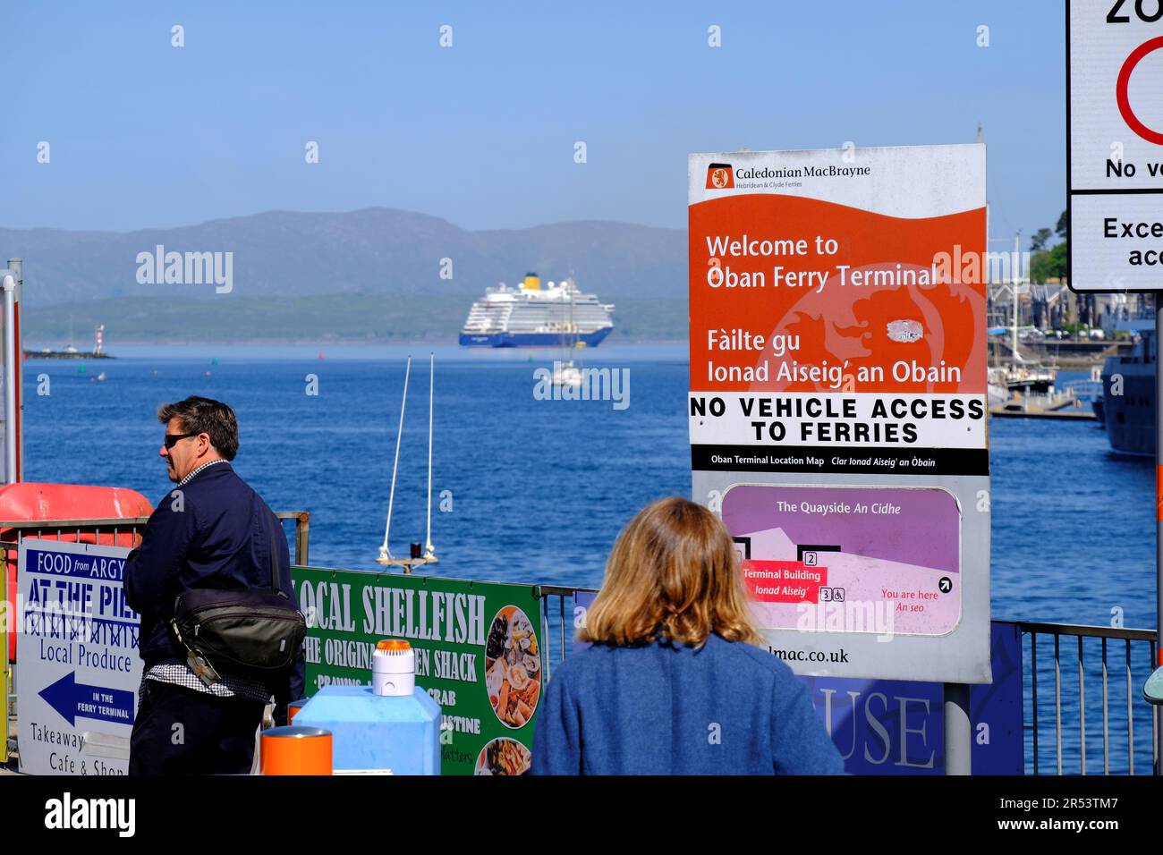 Terminal dei traghetti di Oban, con attraccata la nave da crociera Spirit of Adventure, Oban, Scozia Foto Stock
