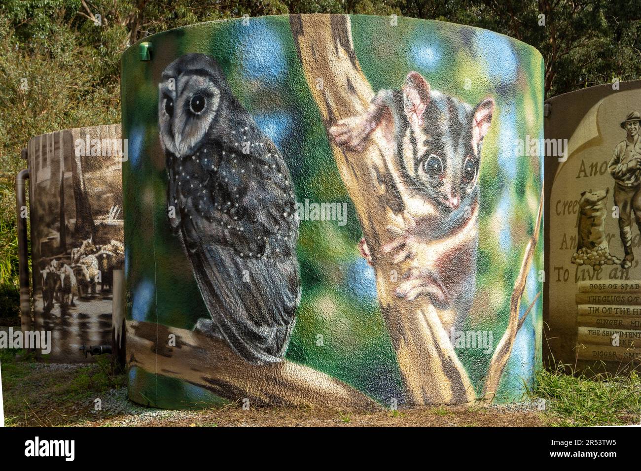 Tim Bowtell e Ruby Parr Water Tank Art, Toolangi, Victoria, Australia Foto Stock