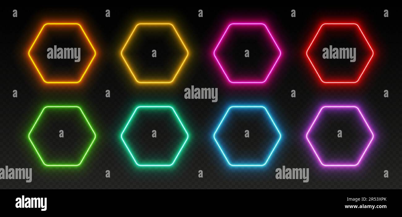 Cornici esagonali al neon, set di bordi luminosi, elementi di design futuristici dell'interfaccia utente. Illustrazione Vettoriale