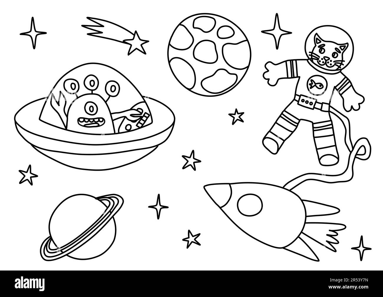 Illustrazione dello spazio con pianeti, stelle, razzo, astronauta e alieno, disegno vettoriale piatto stile doodle per bambini libro da colorare Illustrazione Vettoriale