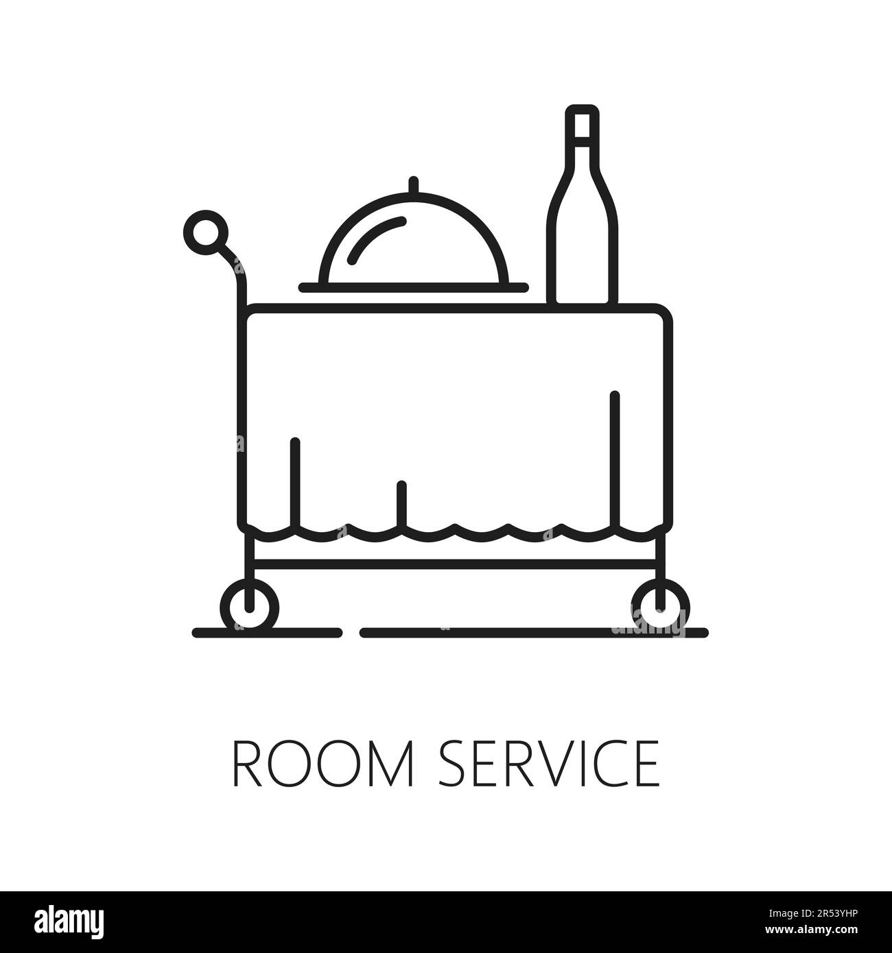 Servizio in camera filobus isolato linea sottile icona. Cena gourmet Vector con cloche e bevande in bottiglia, snack ristorante, ordine pranzo in motel Illustrazione Vettoriale