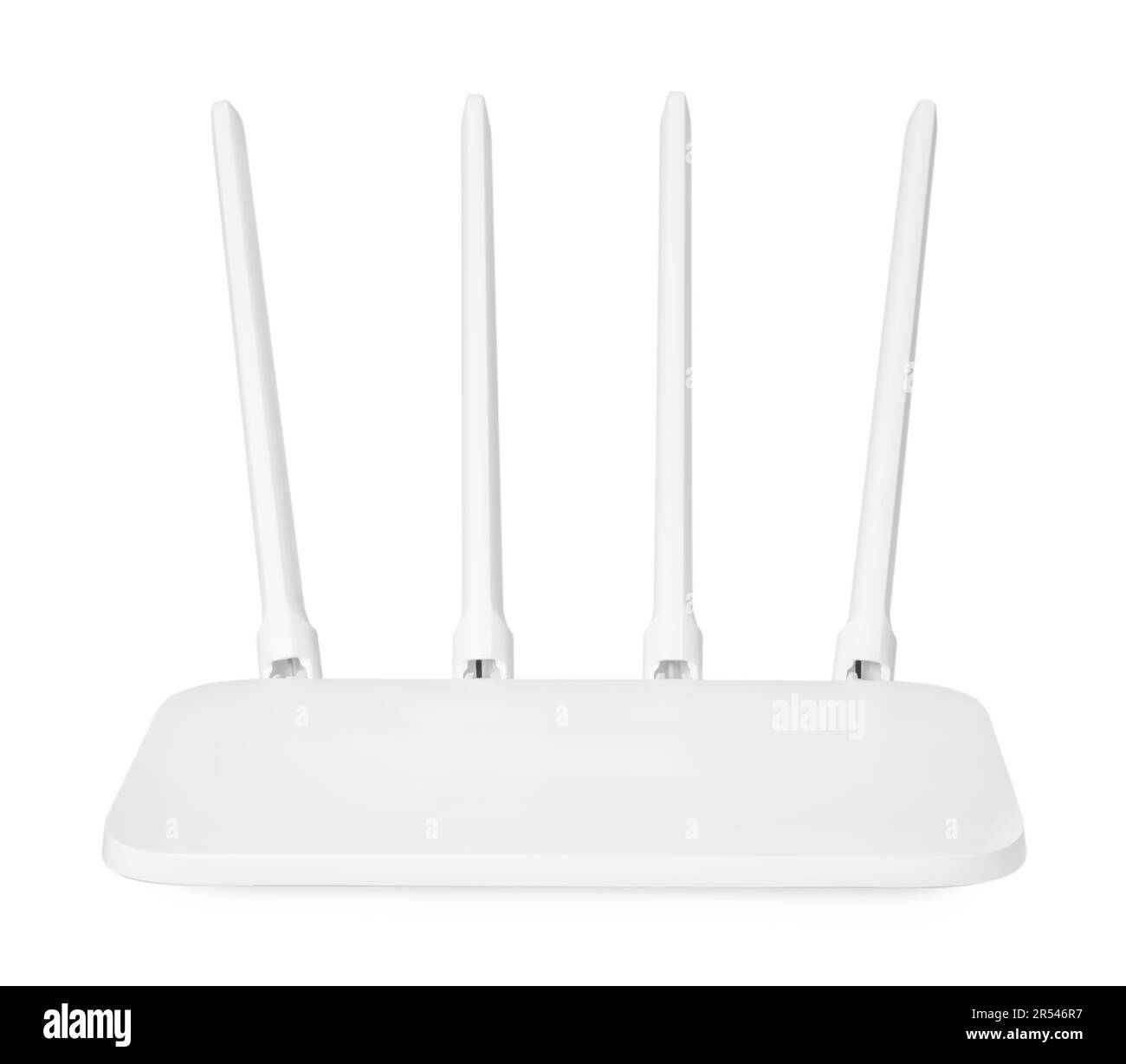 Nuovo router Wi-Fi moderno isolato su bianco Foto Stock