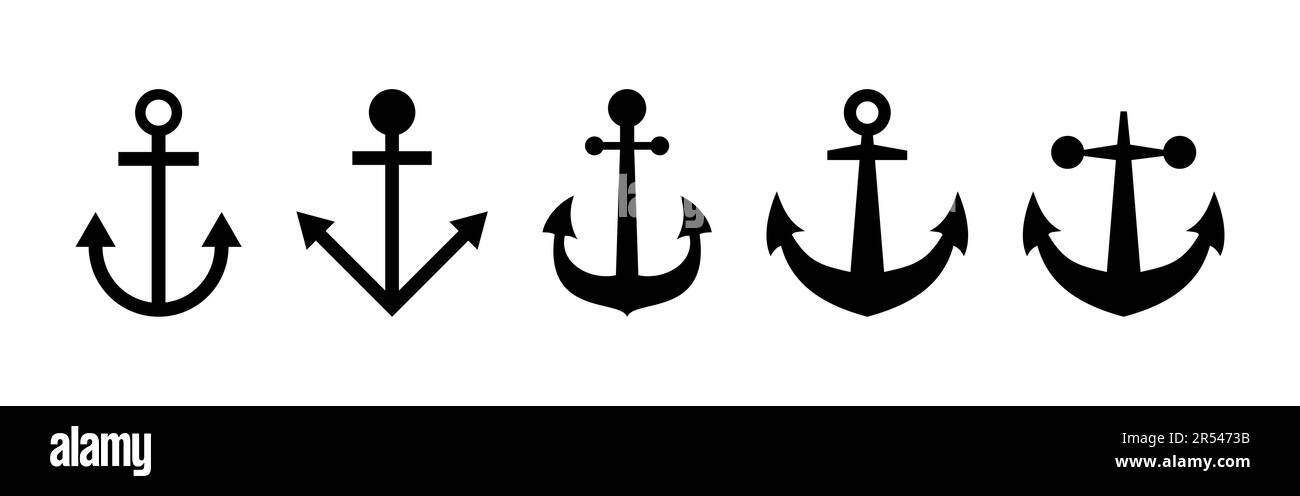 Set di icone di ancoraggio. Logo del simbolo di ancoraggio. Ancora icona marina. Illustrazione Vettoriale