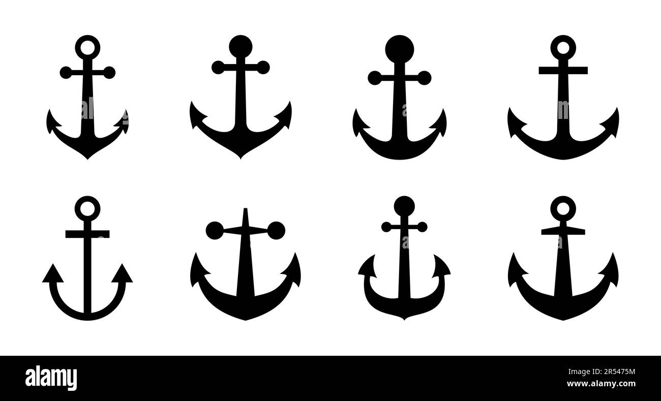 Set di icone di ancoraggio. Logo del simbolo di ancoraggio. Ancora icona marina. Illustrazione Vettoriale