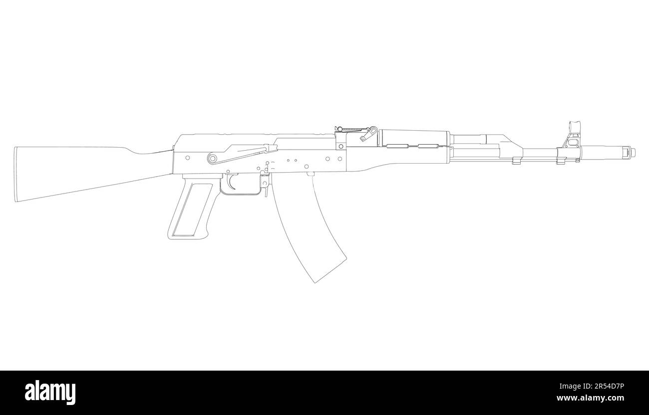 Profilo del fucile d'assalto Kalashnikov dalle linee nere isolate su sfondo bianco. Illustrazione vettoriale Illustrazione Vettoriale