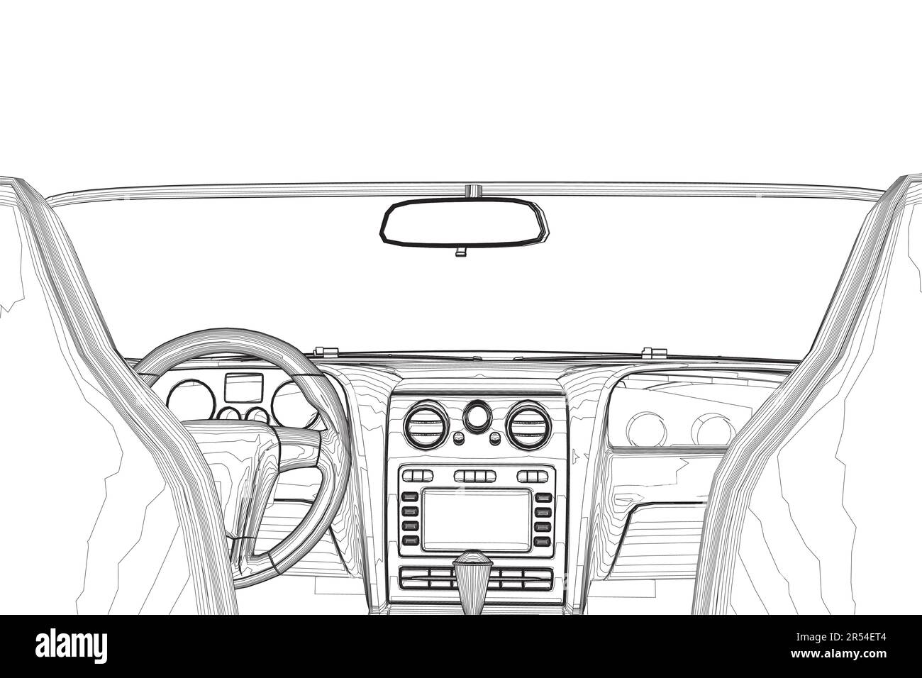 Lussuoso contorno beige auto interno vettore illustrazione. Abitacolo con profilo dell'auto. Vista dal sedile del conducente. Illustrazione Vettoriale
