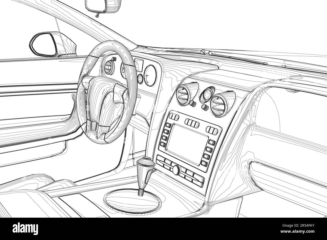 Lussuoso contorno beige auto interno vettore illustrazione. Abitacolo con profilo dell'auto. Vista dal sedile del conducente. Illustrazione Vettoriale