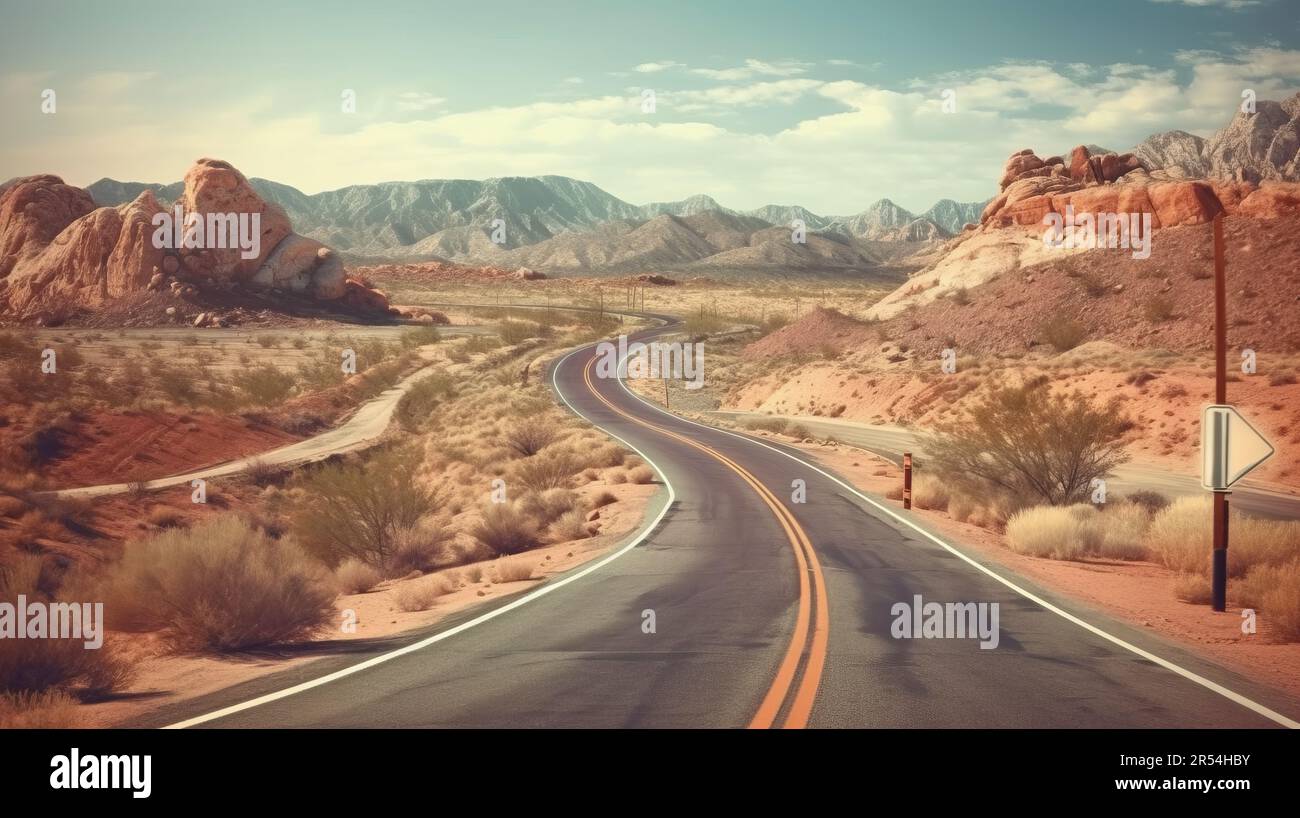 Vintage toned Curved Desert Highway: Concetto di viaggio USA Foto Stock