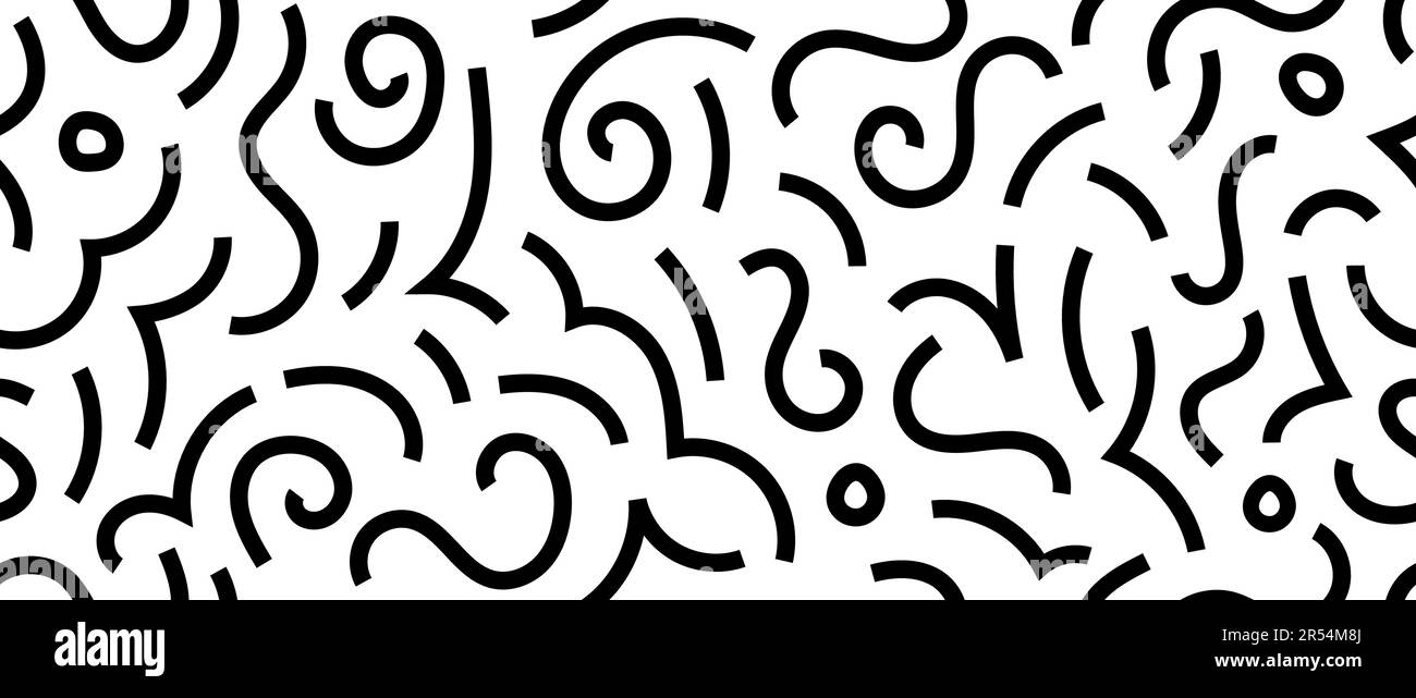 Nero e bianco doodle squiggly linee senza cuciture motivo. Astratto sfondo di ripetizione di scarabocchio infantile. Forme di base e carta da parati curva a righe ondulate. Sfondo vettoriale Illustrazione Vettoriale