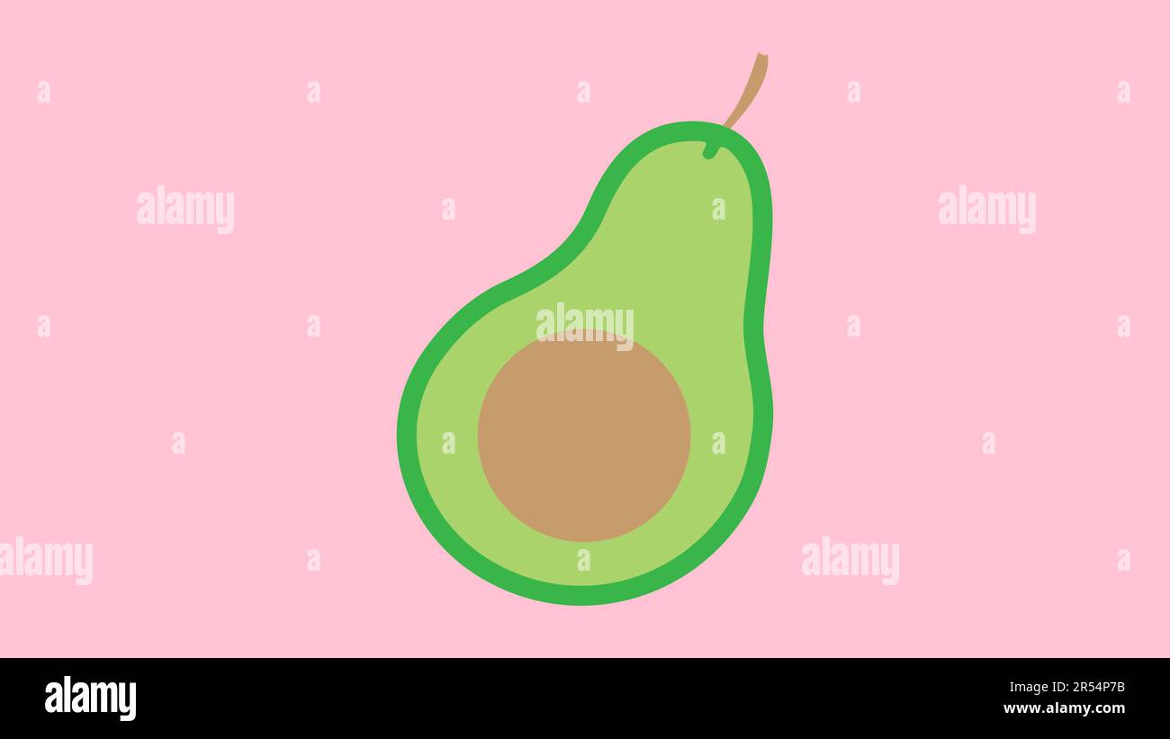 illustrazione vettoriale. avocado su fondo rosa, una verdura verde con un osso all'interno. un avocado con un seme marrone all'interno. illustrazione carina con f Illustrazione Vettoriale