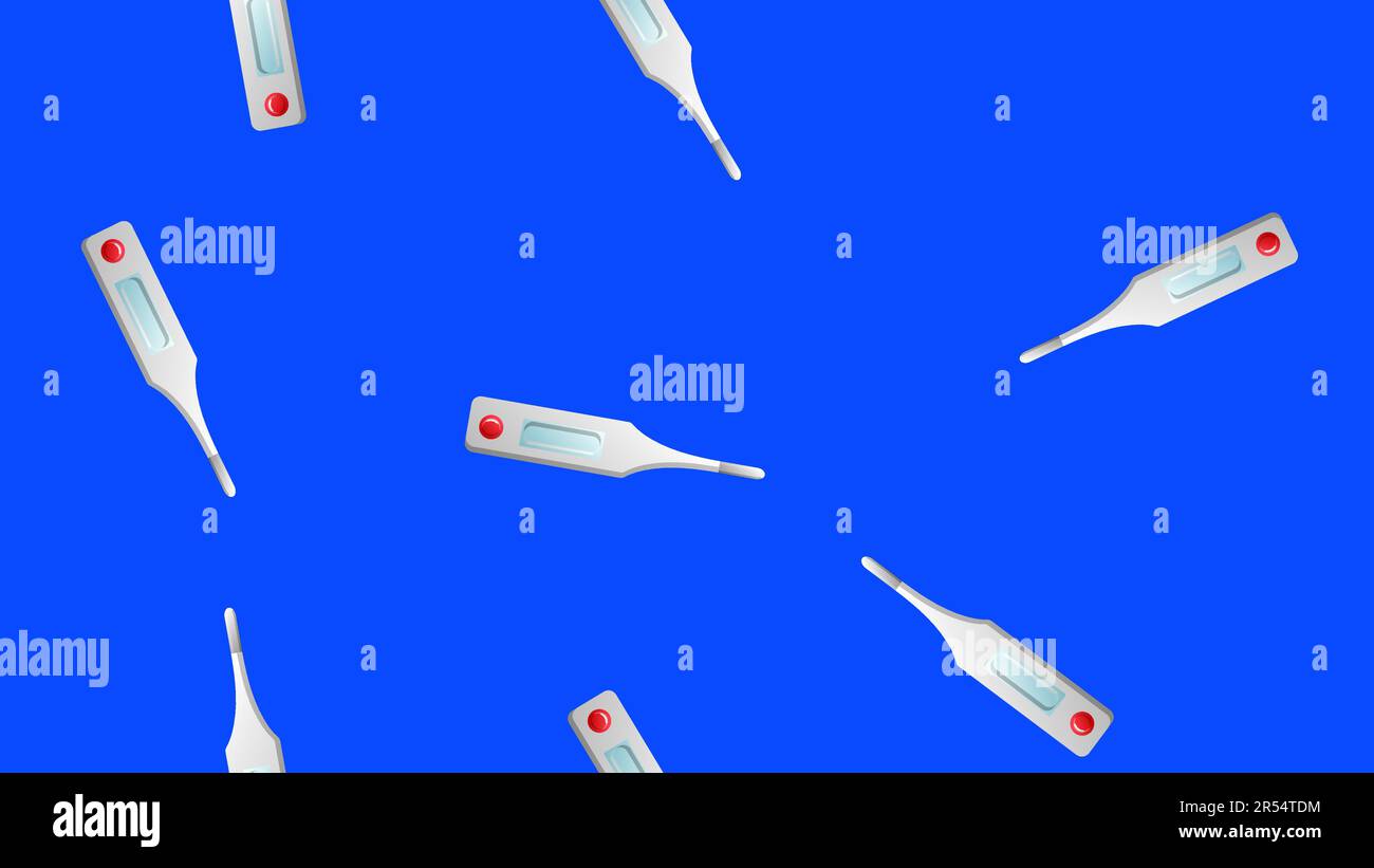 Modello senza interruzioni di oggetti medici scientifici dei moderni termometri digitali per la misurazione della temperatura su sfondo blu. Vettore i Illustrazione Vettoriale
