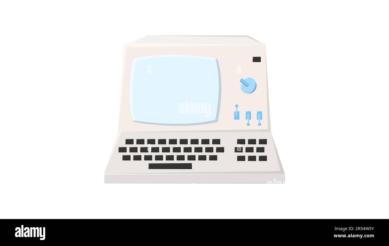 Vecchio computer isometrico retrò d'epoca, pc con monitor e tastiera del 70s, 80s, 90s. Bella icona bianca. Illustrazione vettoriale. Illustrazione Vettoriale