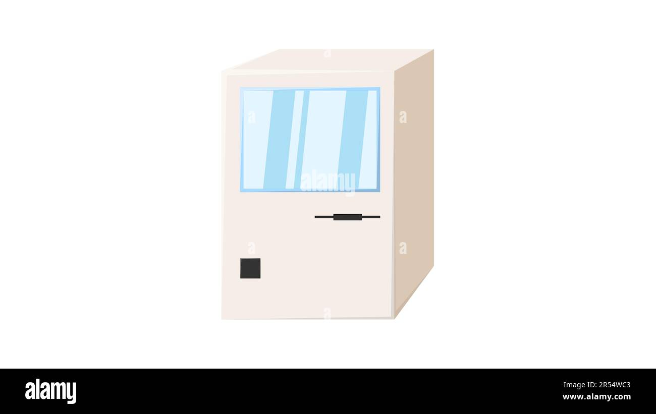 Vecchio computer isometrico retrò d'epoca, pc con monitor e tastiera del 70s, 80s, 90s. Bella icona bianca. Illustrazione vettoriale. Illustrazione Vettoriale