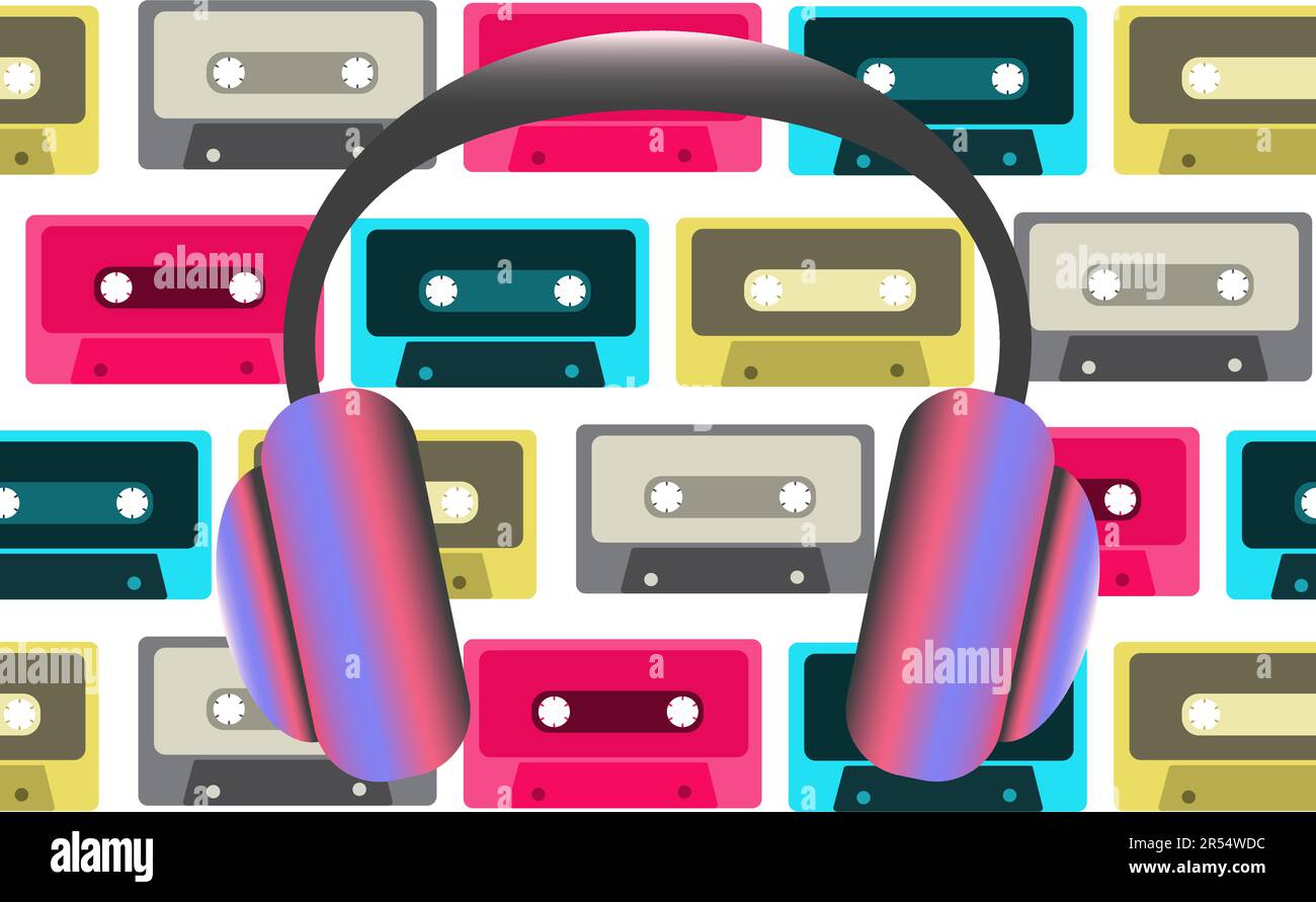 Cuffie ultra-violacee grandi e alla moda di dimensioni standard per ascoltare musica sullo sfondo di vecchie cassette audio retrò d'epoca hipster degli anni '80 Illustrazione Vettoriale