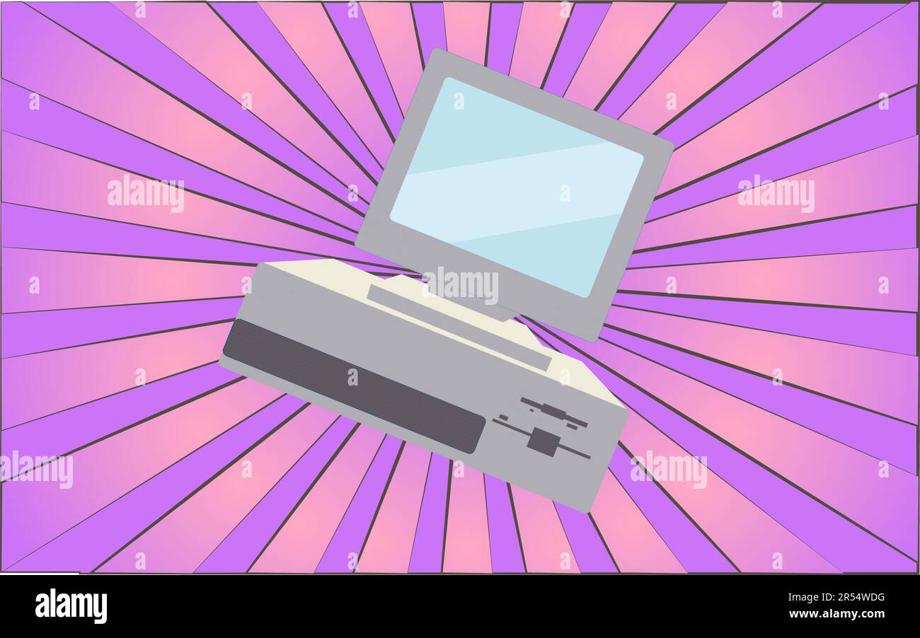 Vecchio computer retrò antico hipster dal 70s, 80s, 90s, 2000s su uno sfondo di astratto raggi viola. Illustrazione vettoriale. Illustrazione Vettoriale