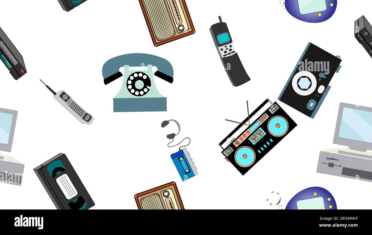 Texture, senza cuciture di vecchia elettronica retrò hipster, telefoni cellulari, TV recorder, lettore, nastro audio, videoregistratore, console di gioco, telecamera, comp Illustrazione Vettoriale