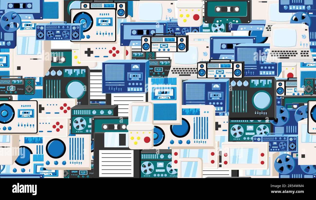 Modello senza cuciture senza fine con apparecchiature elettroniche tecnologiche vecchio retrò Hipster vintage dal 70s, 80s, 90s isolato su sfondo bianco. Rapporto di illustrazione del vettore Illustrazione Vettoriale