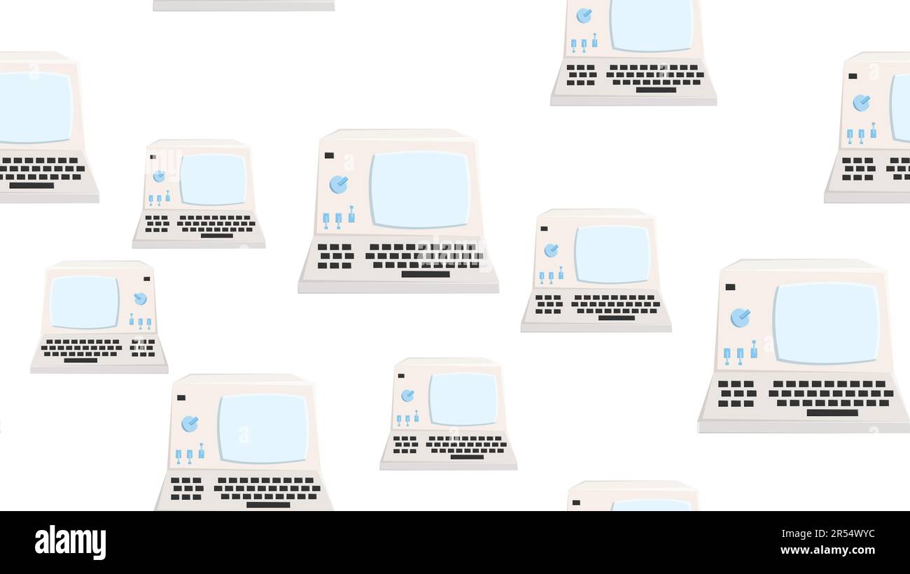 Computer senza interruzioni con vecchi computer retrò, PC hipster bianco vintage da 70s, 80s, 90s isolato su sfondo bianco. Illustrazione vettoriale Illustrazione Vettoriale